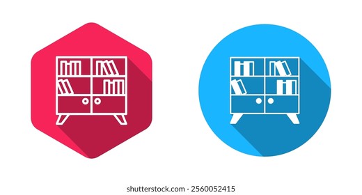 Filled and outline Library bookshelf icon isolated with long shadow background.  Vector