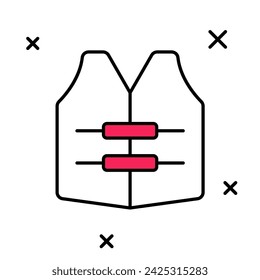 Filled outline Life jacket icon isolated on white background. Life vest icon. Extreme sport. Sport equipment.  Vector