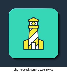 Filled outline Lighthouse icon isolated on blue background. Turquoise square button. Vector