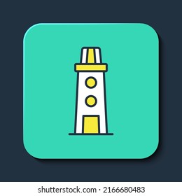 Filled outline Lighthouse icon isolated on blue background. Turquoise square button. Vector