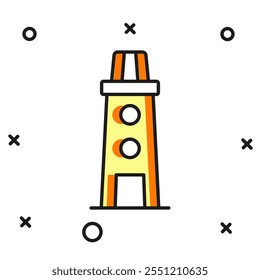 Contorno preenchido ícone do farol isolado no fundo branco. Estilo de contorno preenchido plano com sombra. Vetor
