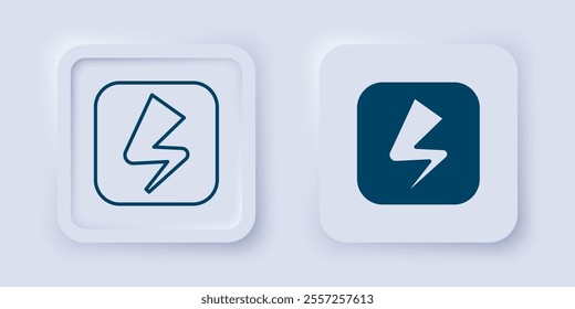 Filled and outline Lightning bolt icon isolated on grey background. Flash sign. Charge flash icon. Thunder bolt. Lighting strike. Square button. Vector