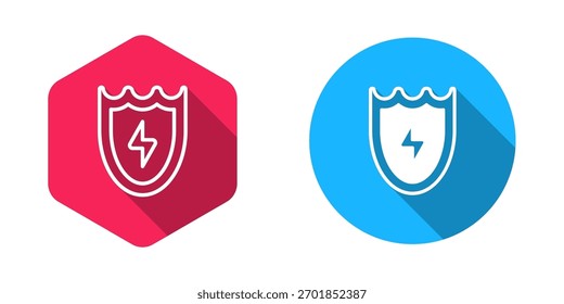 Filled and outline Lightning and shield icon isolated with long shadow background. High voltage shield. Safe energy.  Vector