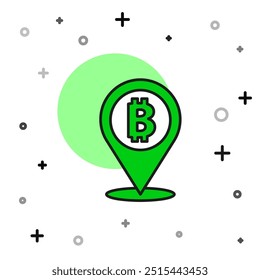 Filled outline Location bitcoin icon isolated on white background. Physical bit coin. Blockchain based secure crypto currency.  Vector