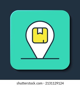 Filled outline Location with cardboard box icon isolated on blue background. Delivery services, logistic and transportation, distribution. Turquoise square button. Vector