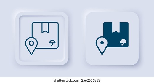 Filled and outline Location with cardboard box icon isolated on grey background. Delivery services, logistic and transportation, distribution. Square button. Vector