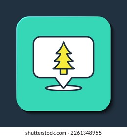 Filled outline Location of the forest on a map icon isolated on blue background. Turquoise square button. Vector