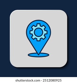 Filled outline Location with gear icon isolated on blue background.  Vector