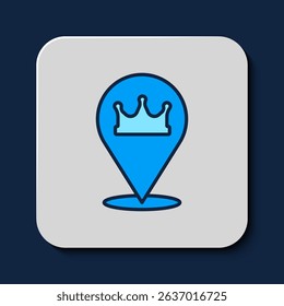 Filled outline Location king crown icon isolated on blue background.  Vector
