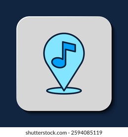 Filled outline Location musical note icon isolated on blue background. Music and sound concept.  Vector