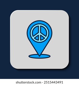 Filled outline Location peace icon isolated on blue background. Hippie symbol of peace.  Vector