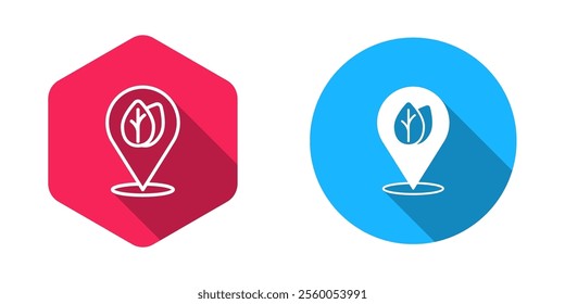 Filled and outline Location pin with leaf inside icon isolated with long shadow background. Leaves sign. Fresh natural product symbol.  Vector