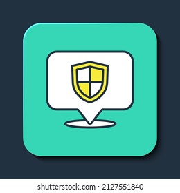 Filled outline Location shield icon isolated on blue background. Insurance concept. Guard sign. Security, safety, protection, privacy concept. Turquoise square button. Vector