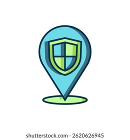Filled outline Location shield icon isolated on white background. Insurance concept. Guard sign. Security, safety, protection, privacy concept. Flat filled outline style with shadow. Vector