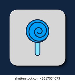 Filled outline Lollipop icon isolated on blue background. Candy sign. Food, delicious symbol.  Vector