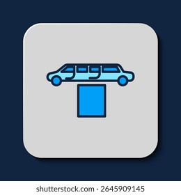 Filled outline Luxury limousine car and carpet icon isolated on blue background. For world premiere celebrities and guests poster.  Vector
