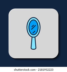 Filled Outline Magic Hand Mirror Icon Isolated On Blue Background.  Vector