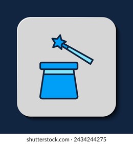 Filled outline Magic hat and wand icon isolated on blue background. Magic trick. Mystery entertainment concept.  Vector