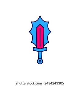 Filled outline Magic sword in fire icon isolated on white background. Fiery sword. Magic weapon of knight, sorcerer, magician. Fire spell. Burning blade.  Vector