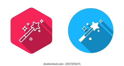 Filled and outline Magic wand icon isolated with long shadow background. Star shape magic accessory. Magical power.  Vector
