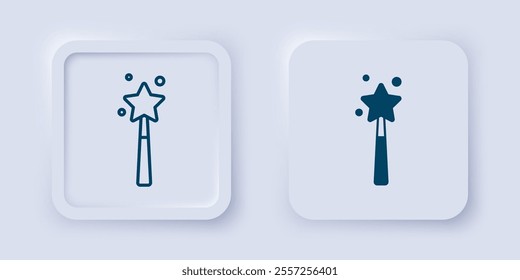 Filled and outline Magic wand icon isolated on grey background. Star shape magic accessory. Magical power. Square button. Vector