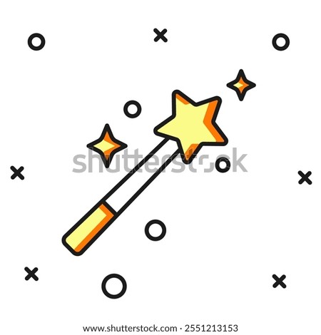 Filled outline Magic wand icon isolated on white background. Star shape magic accessory. Magical power. Flat filled outline style with shadow. Vector