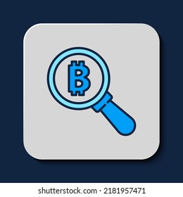 Filled outline Magnifying glass with Bitcoin icon isolated on blue background. Physical bit coin. Blockchain based secure crypto currency.  Vector