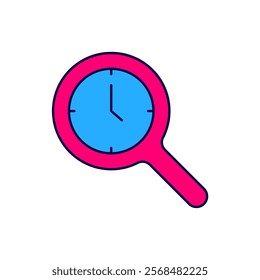 Filled outline Magnifying glass with clock icon isolated on white background. Clock search.  Vector