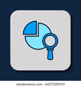 Filled outline Magnifying glass and data analysis icon isolated on blue background.  Vector