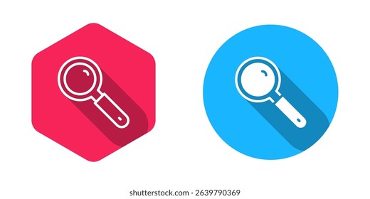 Filled and outline Magnifying glass icon isolated with long shadow background. Search, focus, zoom, business symbol.  Vector