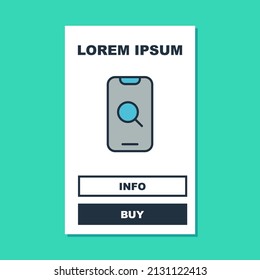 Filled outline Magnifying glass and mobile icon isolated on turquoise background. Search, focus, zoom, business symbol.  Vector