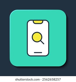 Filled outline Magnifying glass and mobile icon isolated on blue background. Search, focus, zoom, business symbol. Turquoise square button. Vector