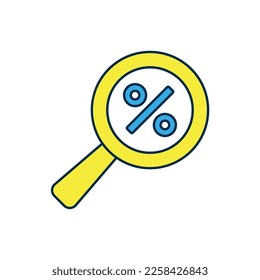 Filled outline Magnifying glass with percent discount icon isolated on white background. Discount offers searching. Search for discount sale sign.  Vector