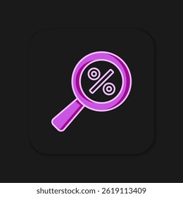 Filled outline Magnifying glass with percent discount icon isolated on black background. Discount offers searching. Search for discount sale sign. Flat filled outline style with shadow. Vector