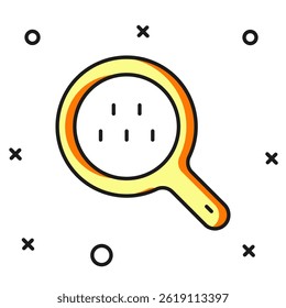 Filled outline Magnifying glass and taxi car icon isolated on white background. Taxi search. Flat filled outline style with shadow. Vector