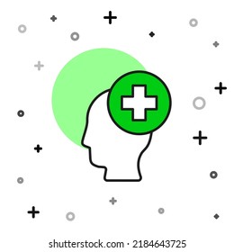 Filled Outline Male Head With Hospital Icon Isolated On White Background. Head With Mental Health, Healthcare And Medical Sign.  Vector