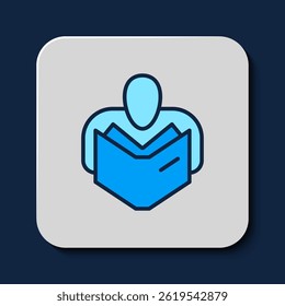 Filled outline Man reading book icon isolated on blue background.  Vector
