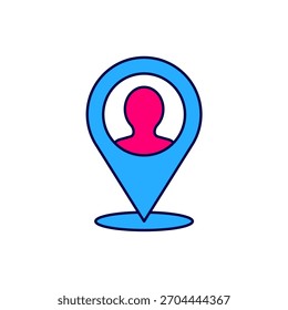 Marcador de mapa con una silueta de un icono de una persona aislado sobre fondo blanco. Símbolo de ubicación GPS.  Vector