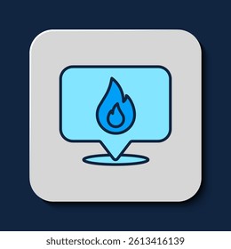 Filled outline Map pointer with fire flame icon isolated on blue background. Fire nearby.  Vector