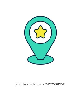 Filled outline Map pointer with star icon isolated on white background. Star favorite pin map icon. Map markers.  Vector