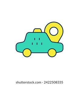 Filled outline Map pointer with taxi car icon isolated on white background. Location symbol.  Vector