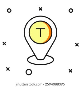 Filled outline Map pointer with taxi car icon isolated on white background. Location symbol. Flat filled outline style with shadow. Vector