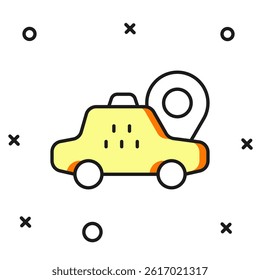 Filled outline Map pointer with taxi car icon isolated on white background. Location symbol. Flat filled outline style with shadow. Vector