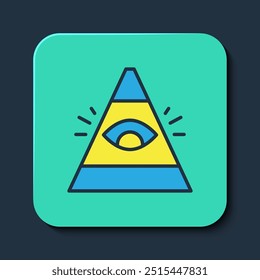 Filled outline Masons symbol All-seeing eye of God icon isolated on blue background. The eye of Providence in the triangle. Turquoise square button. Vector