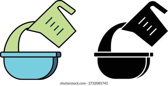 Taza de medición de contorno lleno que vierte el líquido en el icono del tazón, Vector de utensilios de cocina, ilustración de estilo dibujado a mano.