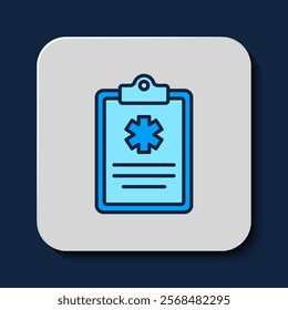 Filled outline Medical clipboard with clinical record icon isolated on blue background. Health insurance form. Prescription, medical check marks report.  Vector