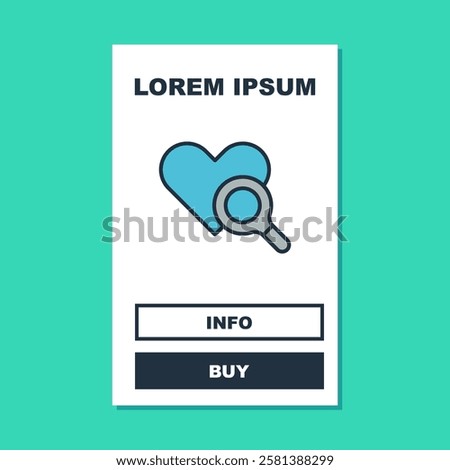 Filled outline Medical heart inspection icon isolated on turquoise background. Heart magnifier search.  Vector