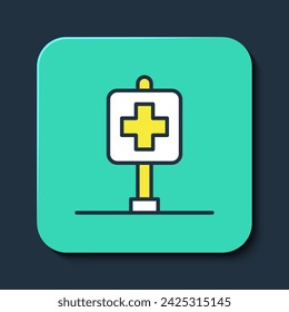 Filled outline Medical map pointer with cross hospital icon isolated on blue background. Turquoise square button. Vector