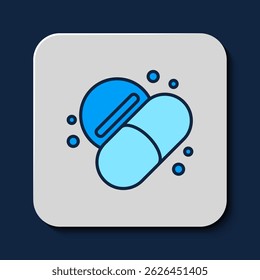 Filled outline Medicine pill or tablet icon isolated on blue background. Capsule pill and drug sign. Pharmacy design.  Vector