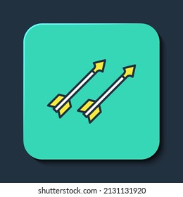 Filled outline Medieval arrows icon isolated on blue background. Medieval weapon. Turquoise square button. Vector